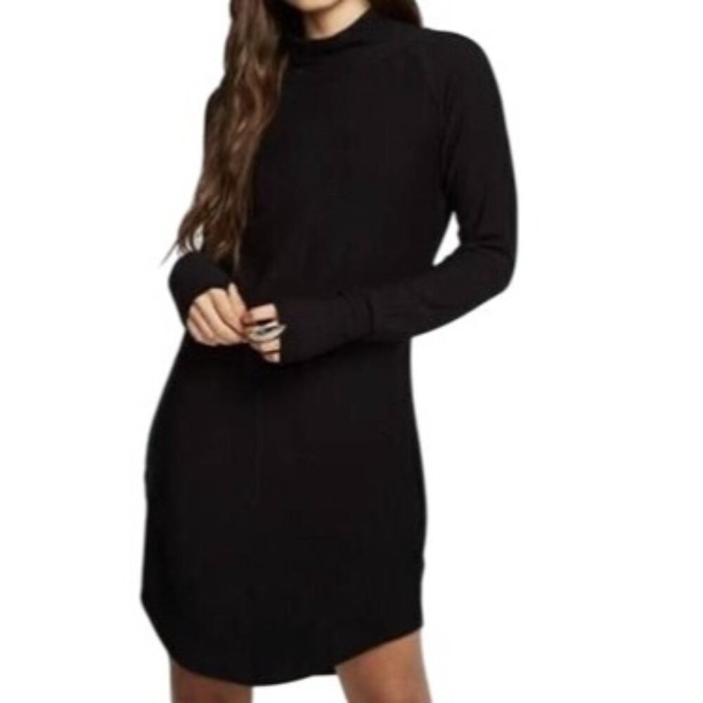 NWT Chaser Black Long Sleeve Turtleneck Shirttail Hem Raglan Mini Sweater Dress - Picture 3 of 9